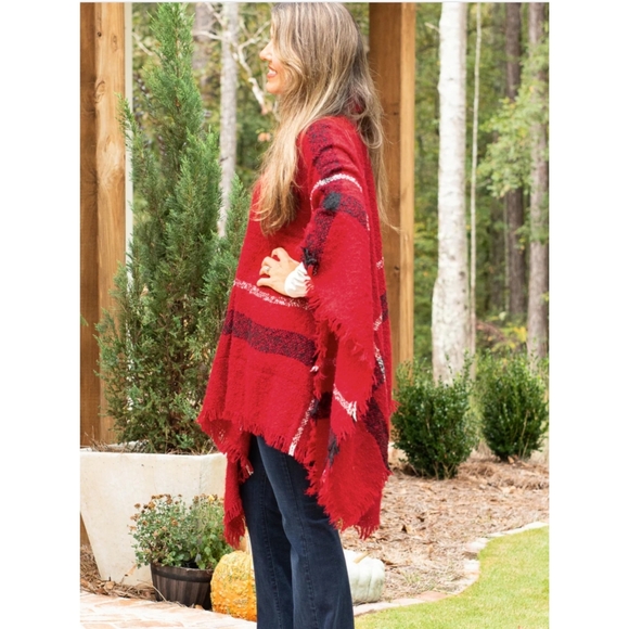 Easy On Me Plaid Turtleneck Poncho - Red - Picture 5 of 10